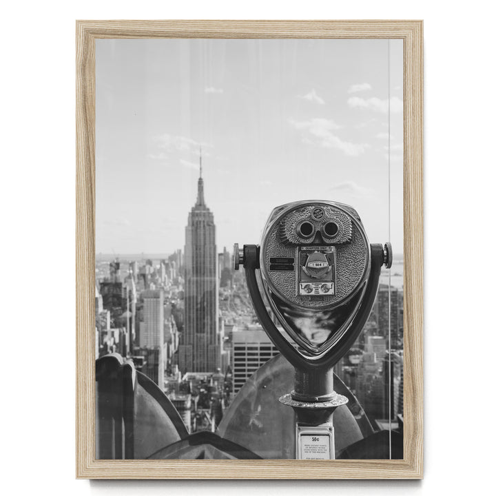 Binoculars and Empire State Building, New York City – B&amp;W print in a natural wood frame without mat