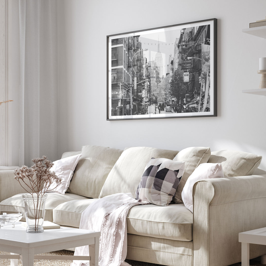 Little Italy and Empire State Building, New York City – B&amp;W framed print in a living room setting