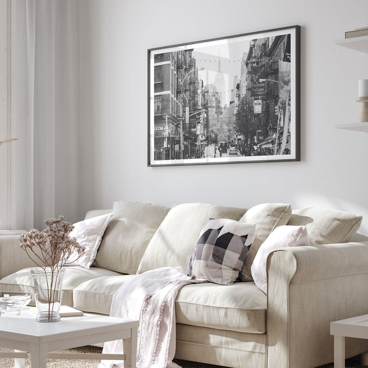 Little Italy and Empire State Building, New York City – B&amp;W framed print in a living room setting