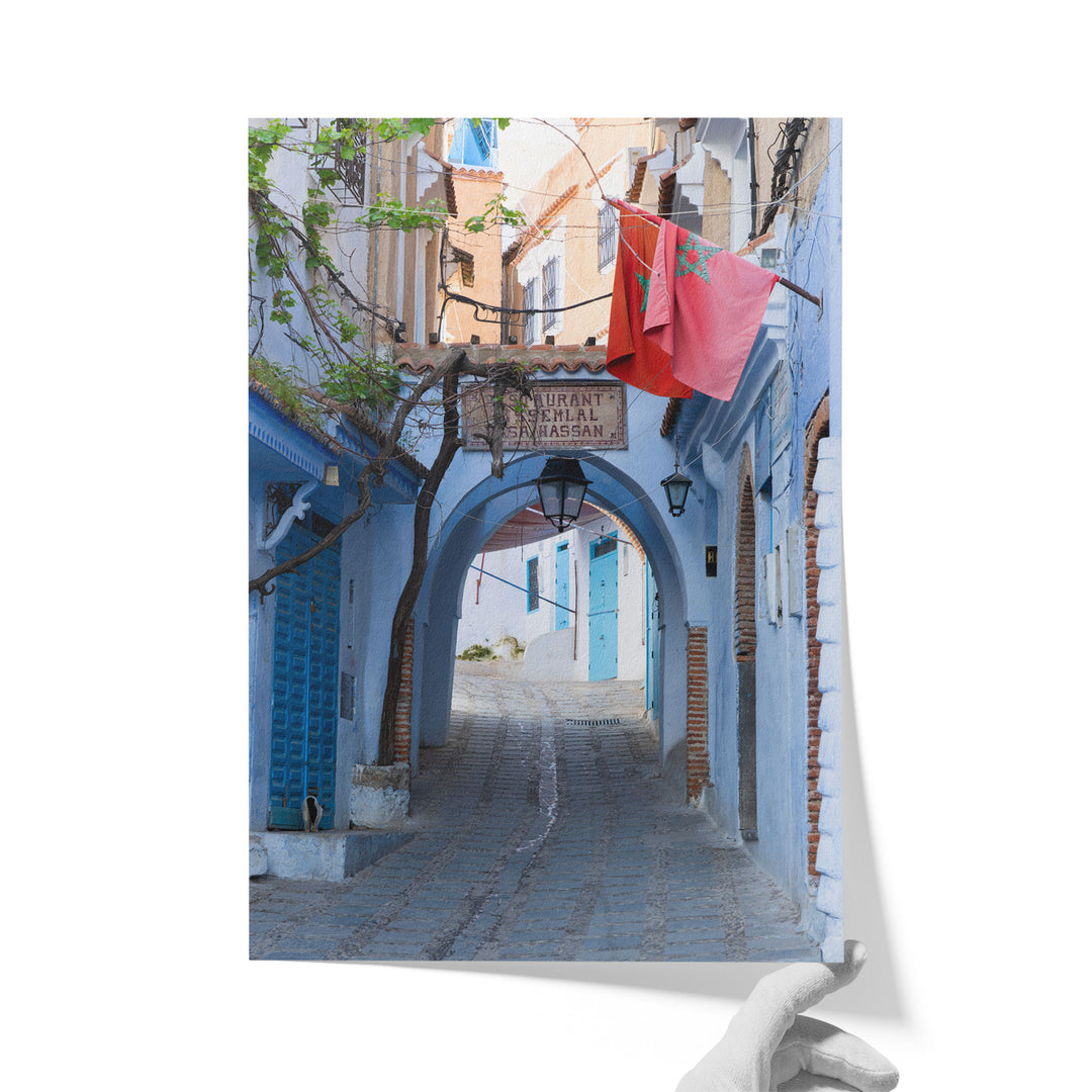 Moroccan Flag in the Blue City, Chefchaouen unframed print on matte fine art paper