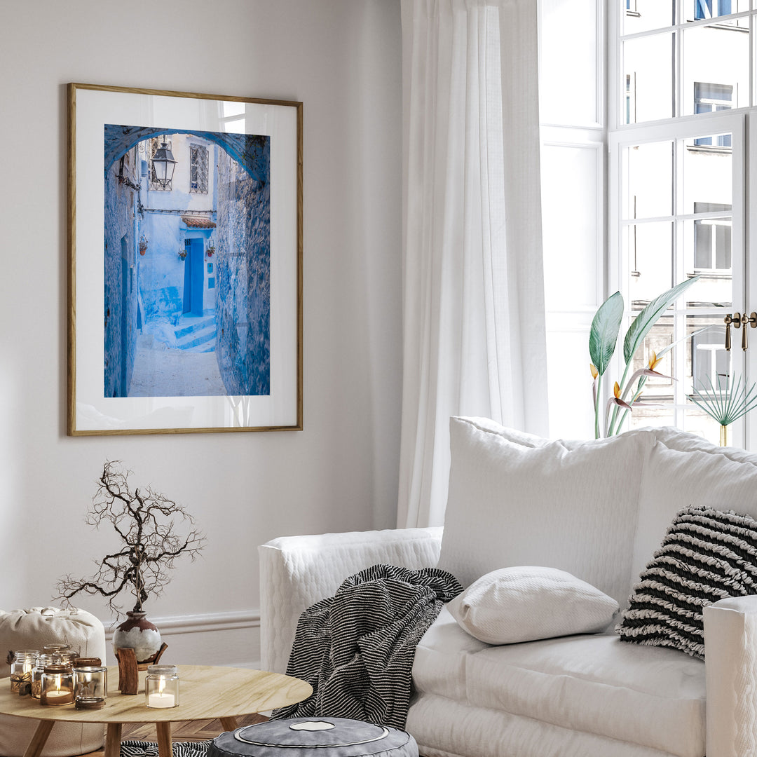 Blue Alley with Lantern, Chefchaouen, Morocco wall art in a modern interior
