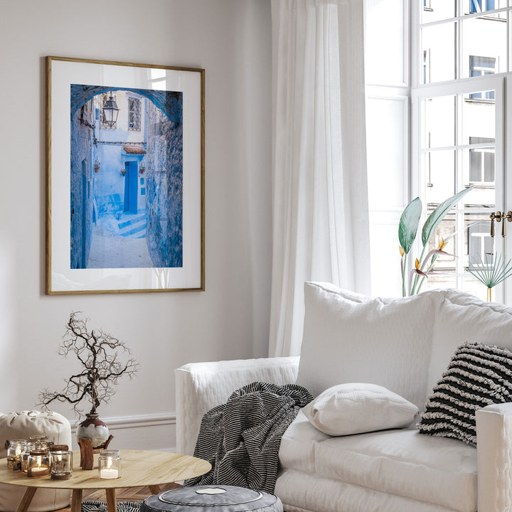 Blue Alley with Lantern, Chefchaouen, Morocco wall art in a modern interior