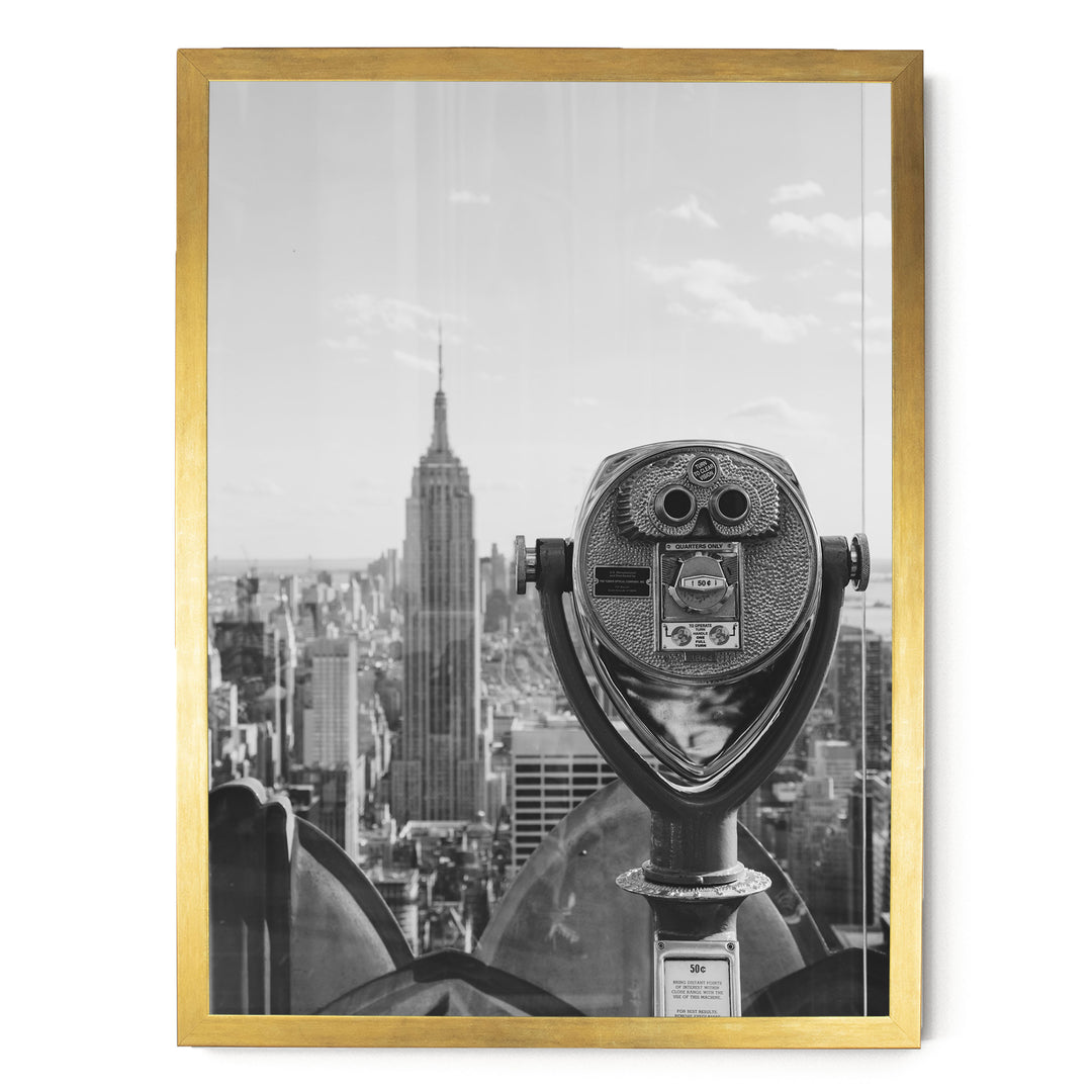 Binoculars and Empire State Building, New York City – B&amp;W print in a gold frame without mat