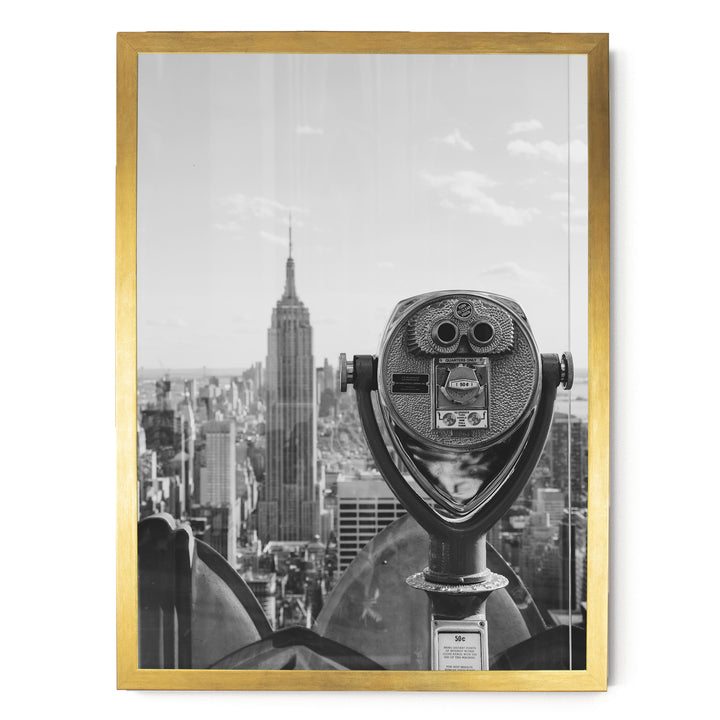 Binoculars and Empire State Building, New York City – B&amp;W print in a gold frame without mat