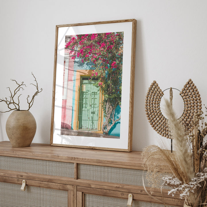 Bougainvillea and Green Door I, Olinda, Brazil framed print styled on the wall