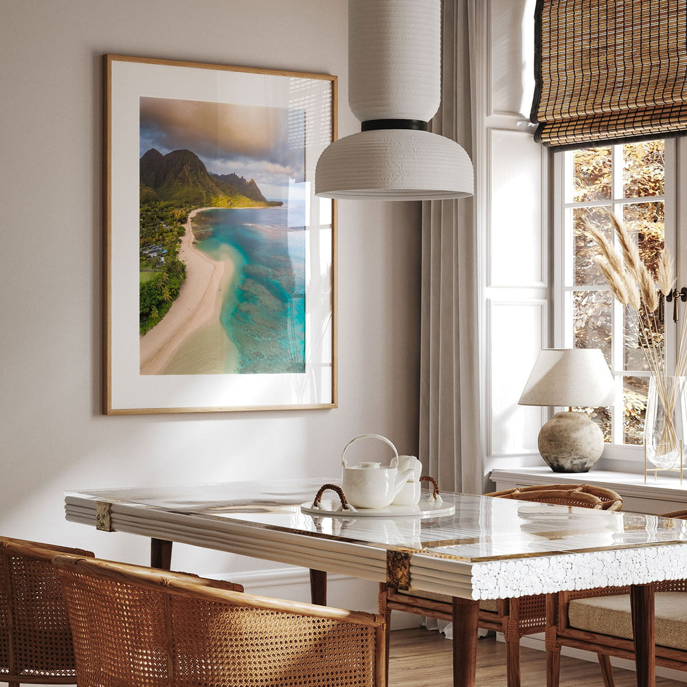 Tunnels Beach I, Kauai, Hawaii framed print hanging in a styled interior