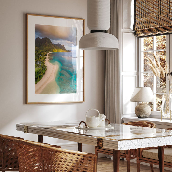 Tunnels Beach I, Kauai, Hawaii framed print hanging in a styled interior