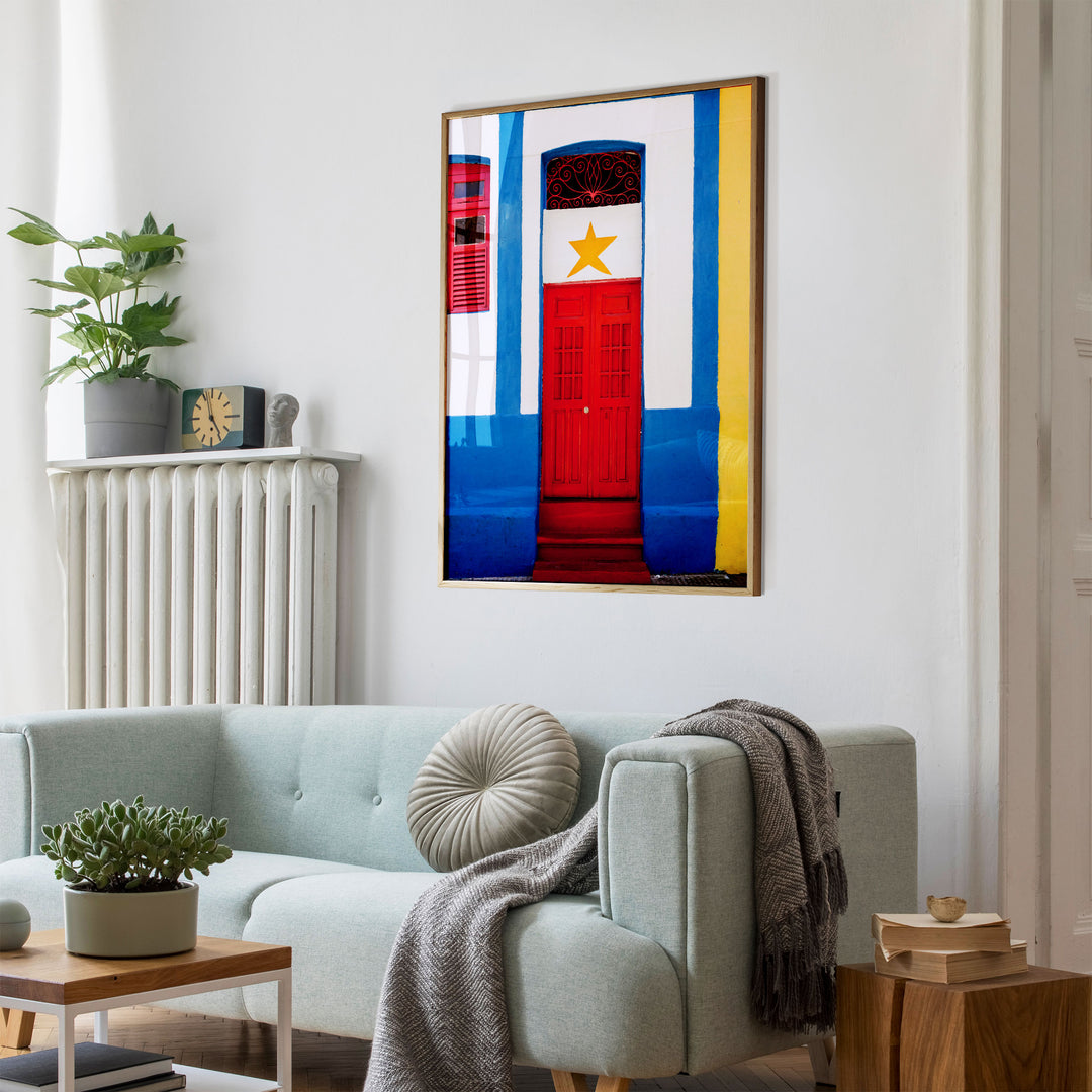 Red Door with Yellow Star, Olinda, Brazil wall art mockup in an interior