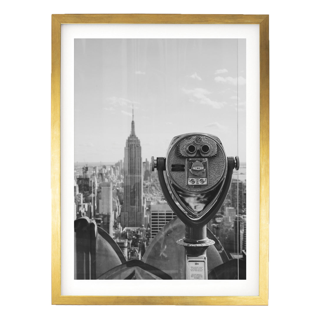 Binoculars and Empire State Building, New York City – B&amp;W print in a gold frame with white mat