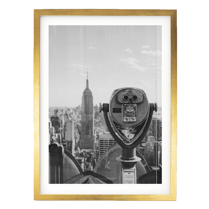 Binoculars and Empire State Building, New York City – B&amp;W print in a gold frame with white mat