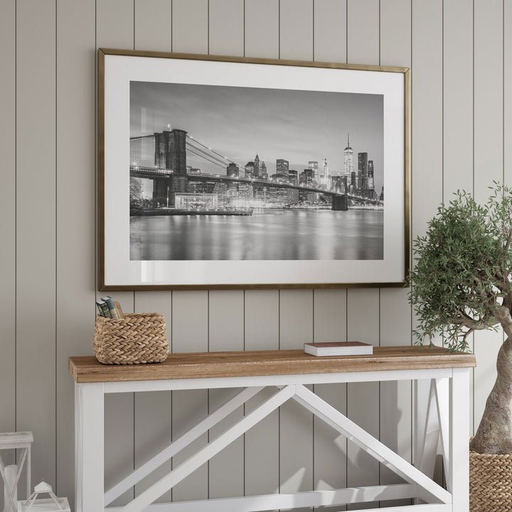 Brooklyn Bridge and Skyline at Dusk, New York City – B&amp;W framed wall art in a home interior