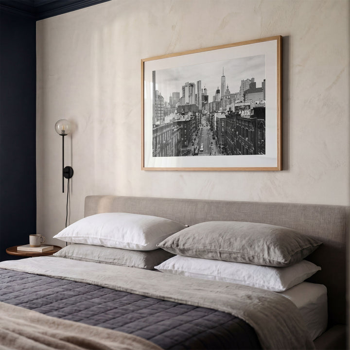 Lower Manhattan Street View, New York City – B&amp;W framed print styled on the wall