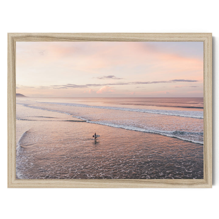 Lone Surfer on a Pink Beach II, Costa Rica print in a natural wood frame without mat