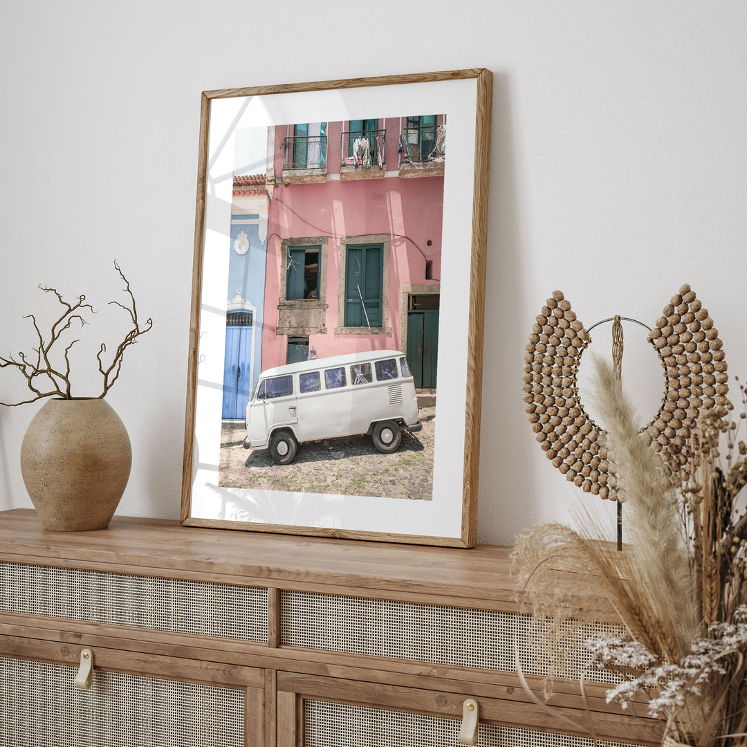 White Kombi Van, Pelourinho, Salvador, Brazil framed print styled on the wall