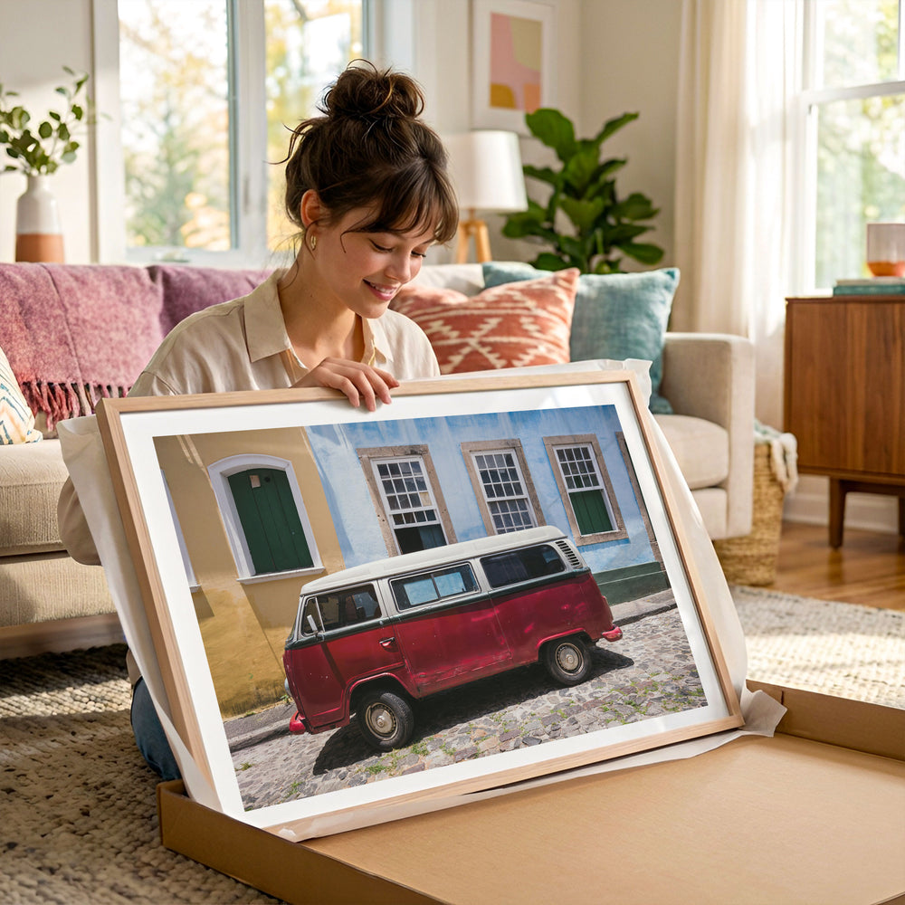 Red Kombi Van, Pelourinho, Salvador, Brazil framed photography print in a lifestyle setting