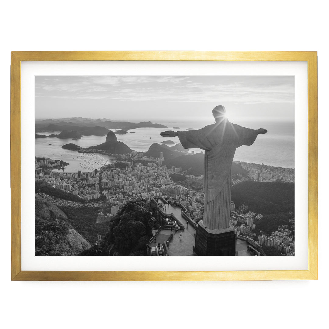 Christ the Redeemer, Rio de Janeiro, Brazil – B&amp;W print in a gold frame with white mat