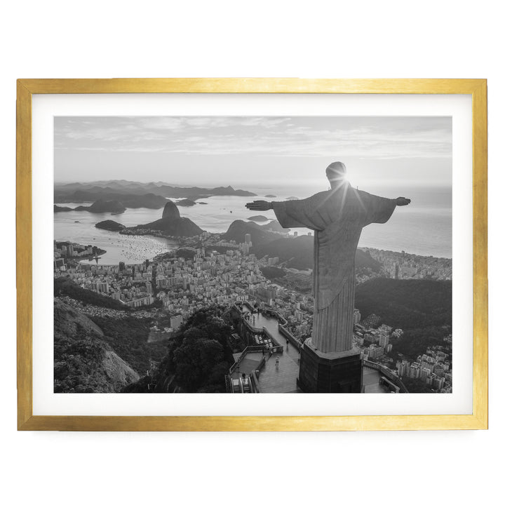 Christ the Redeemer, Rio de Janeiro, Brazil – B&amp;W print in a gold frame with white mat