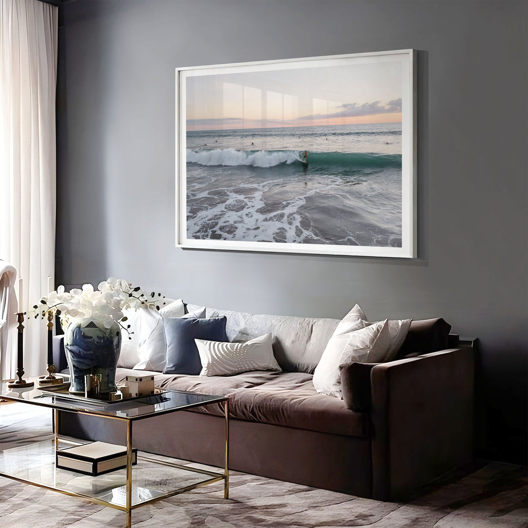 Riding the Wave at Sunset II, Costa Rica print displayed in a bedroom setting