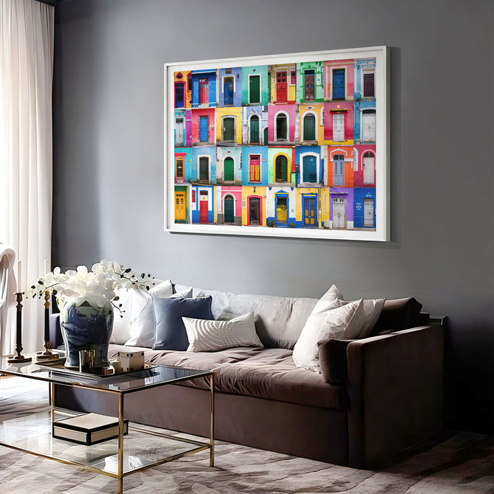 Colorful Doors of Brazil II print displayed in a bedroom setting