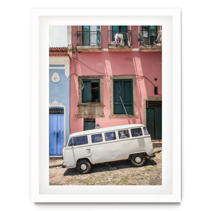 White Kombi Van, Pelourinho, Salvador, Brazil print in a white frame with white mat