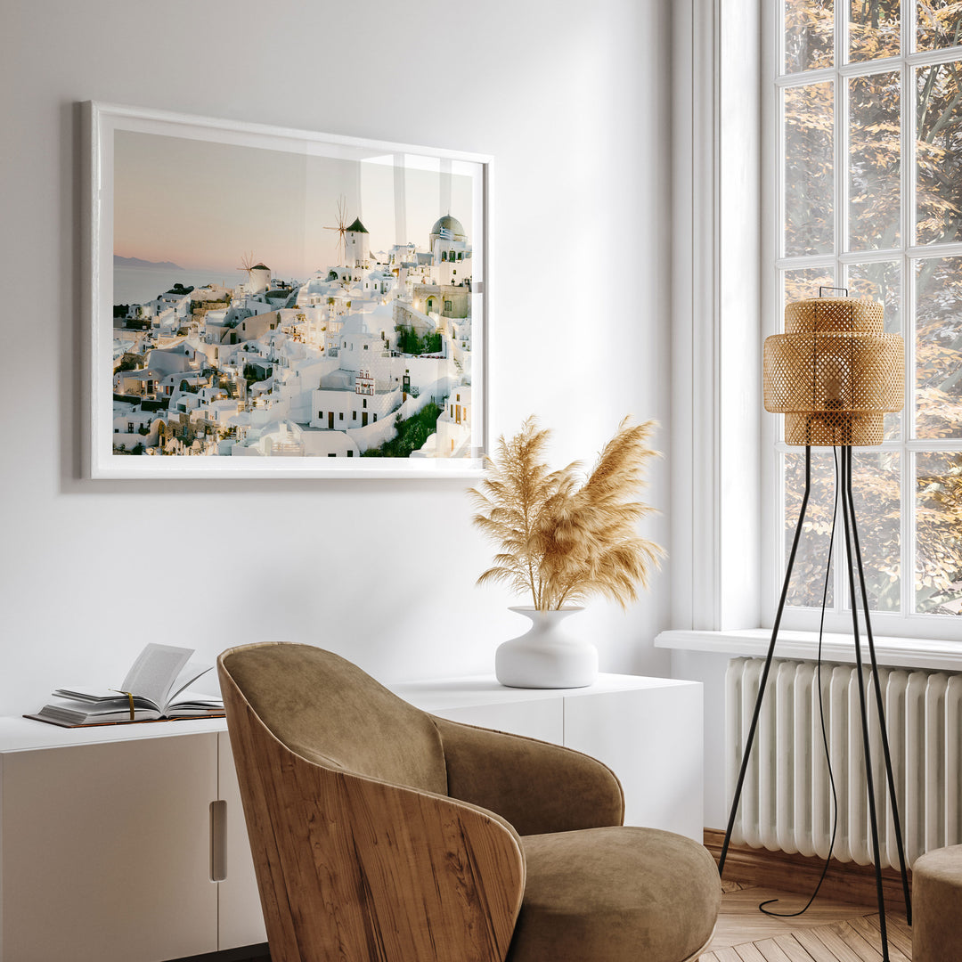 Sunset in Oia IV, Santorini, Greece wall art displayed in a room setting