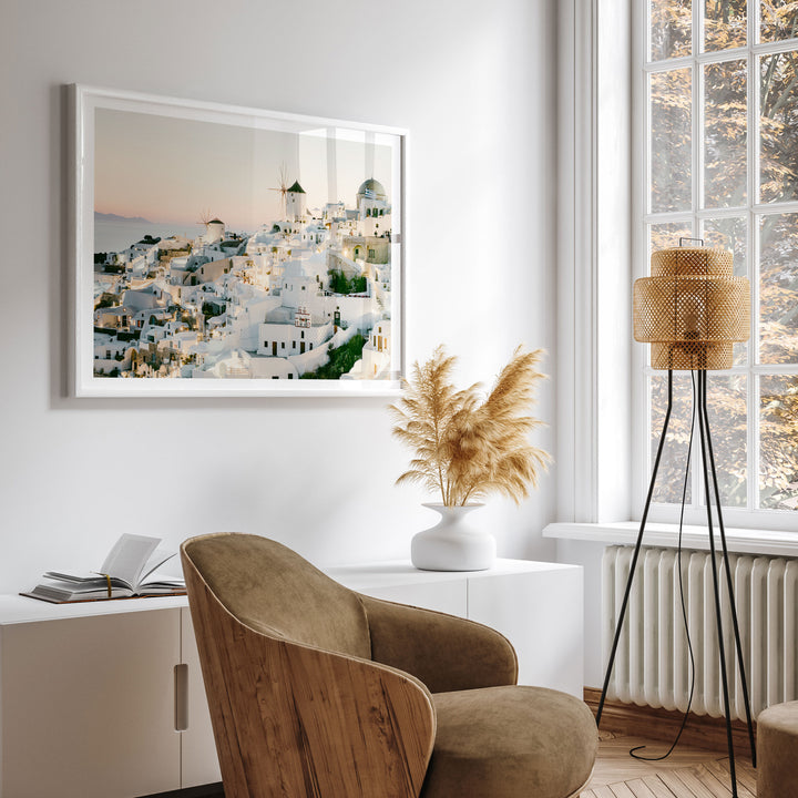 Sunset in Oia IV, Santorini, Greece wall art displayed in a room setting
