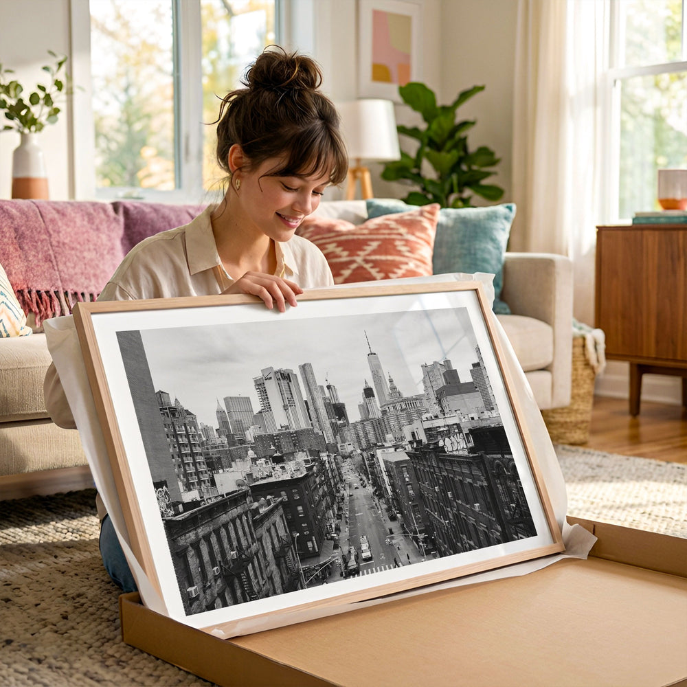 Lower Manhattan Street View, New York City – B&W framed photography print in a lifestyle setting