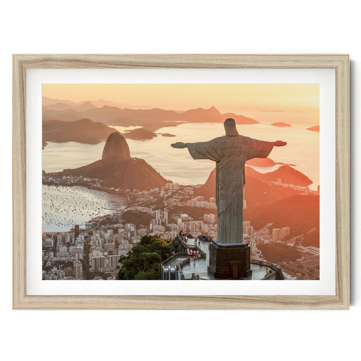 Christ the Redeemer at Golden Hour, Rio de Janeiro, Brazil fine art print in a natural wood frame with white mat