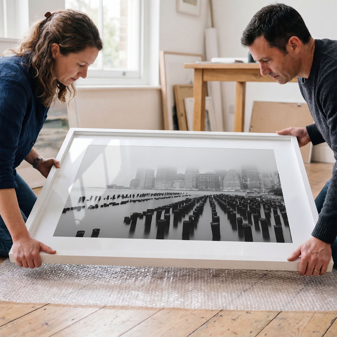 Foggy Manhattan Skyline, New York City – B&amp;W framed wall art in a cozy interior