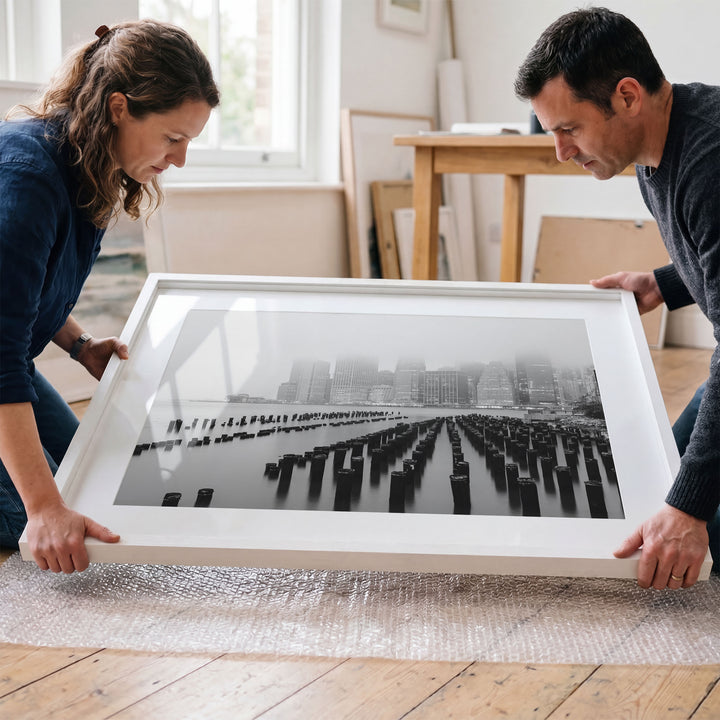 Foggy Manhattan Skyline, New York City – B&amp;W framed wall art in a cozy interior