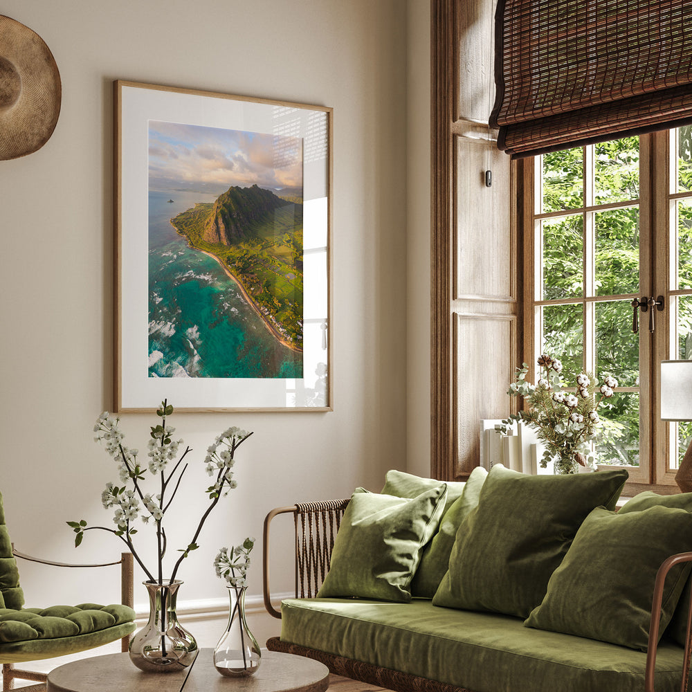 Oahu Sunrise II, Hawaii framed print hanging in a styled interior