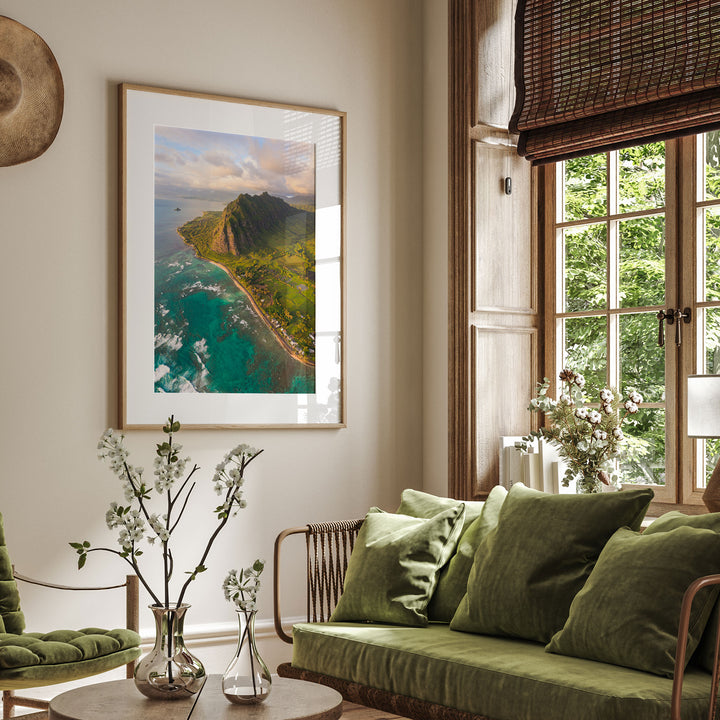 Oahu Sunrise II, Hawaii framed print hanging in a styled interior