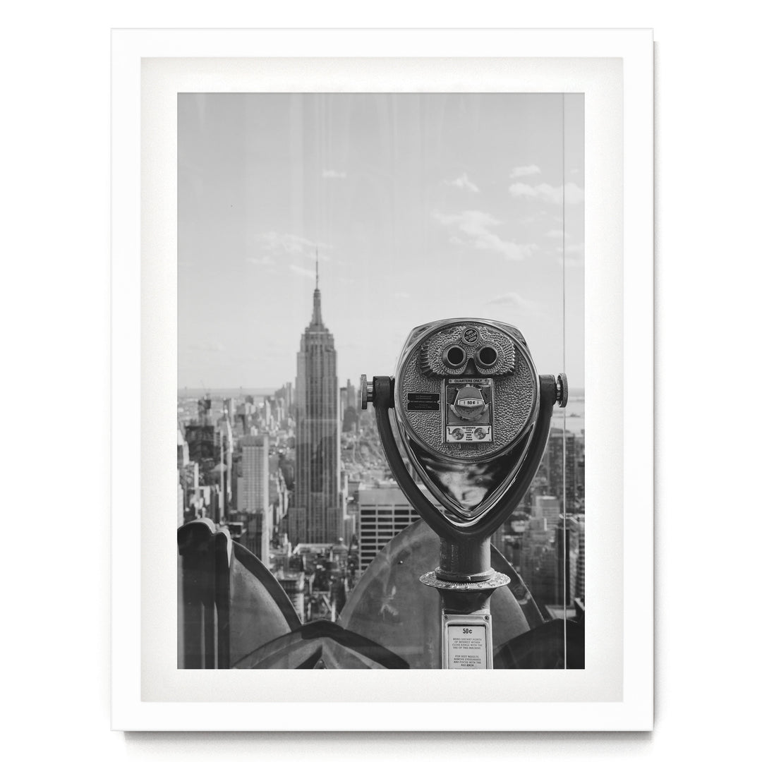 Binoculars and Empire State Building, New York City – B&amp;W print in a white frame with white mat