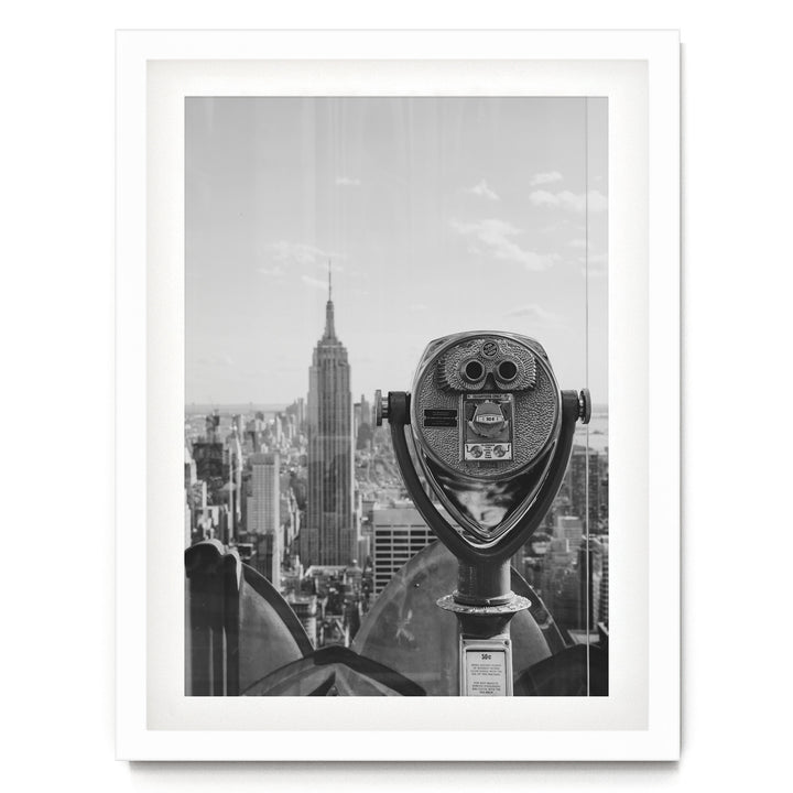 Binoculars and Empire State Building, New York City – B&amp;W print in a white frame with white mat