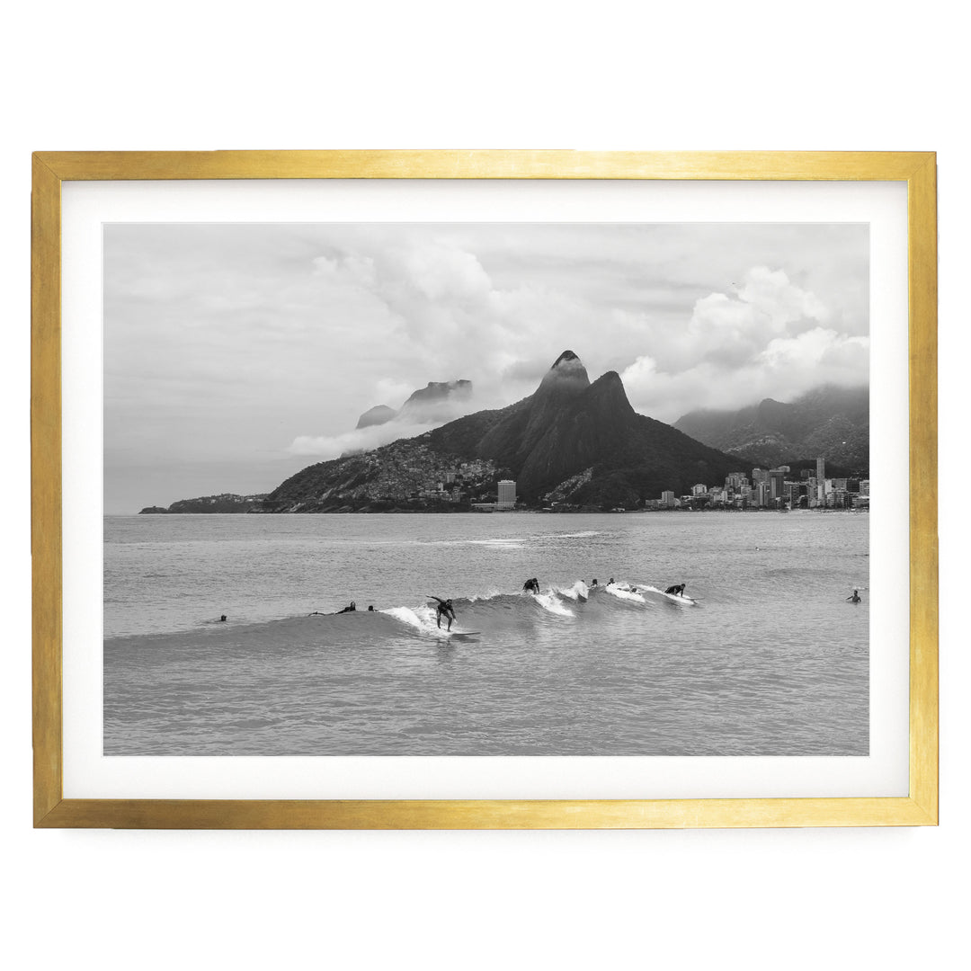 Surfers at Ipanema, Rio de Janeiro, Brazil – B&amp;W print in a gold frame with white mat