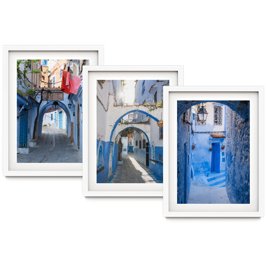 Blue City of Chefchaouen, Morocco print set of 3 in white frames with white mat