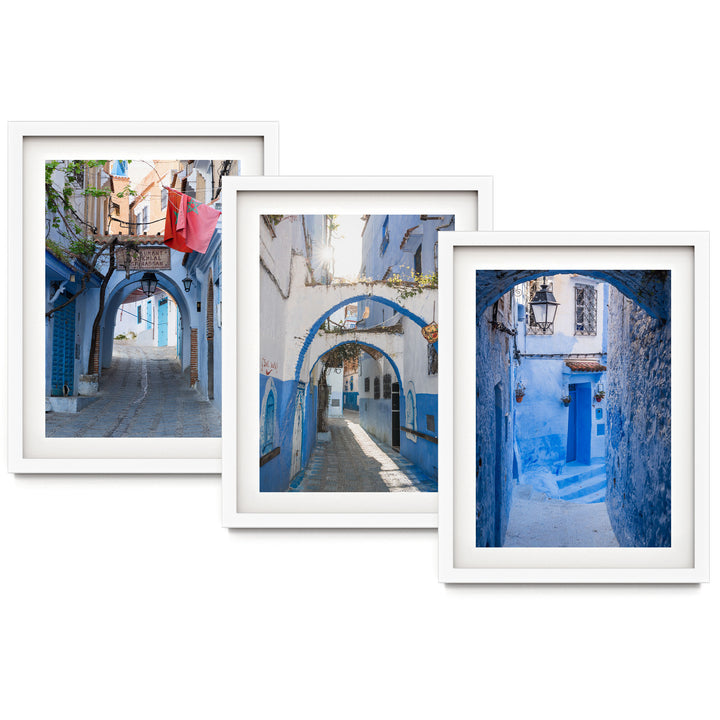 Blue City of Chefchaouen, Morocco print set of 3 in white frames with white mat