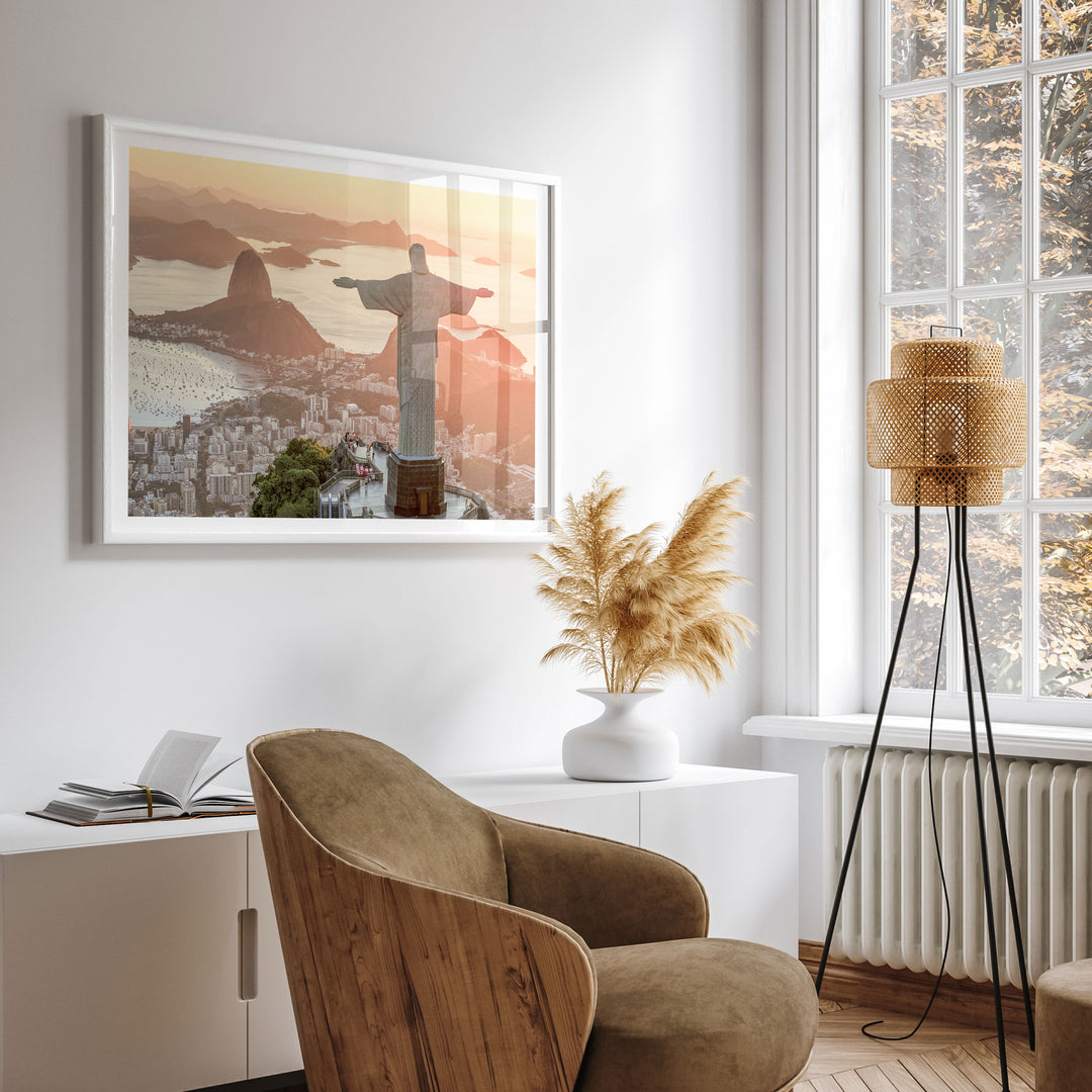 Christ the Redeemer at Golden Hour, Rio de Janeiro, Brazil wall art displayed in a room setting