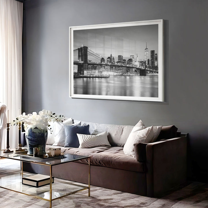 Brooklyn Bridge and Skyline at Dusk, New York City – B&amp;W print displayed in a bedroom setting