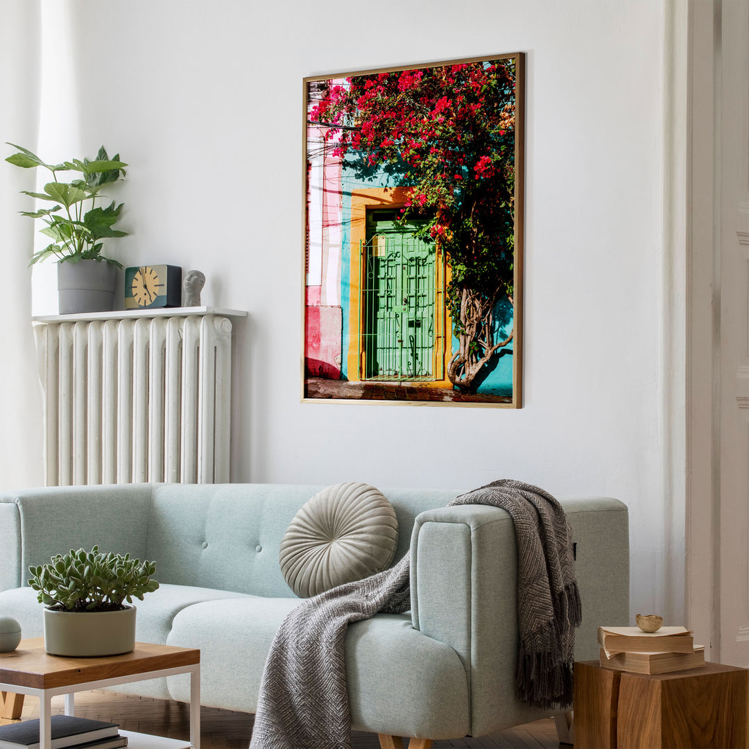 Bougainvillea and Green Door I, Olinda, Brazil wall art mockup in an interior