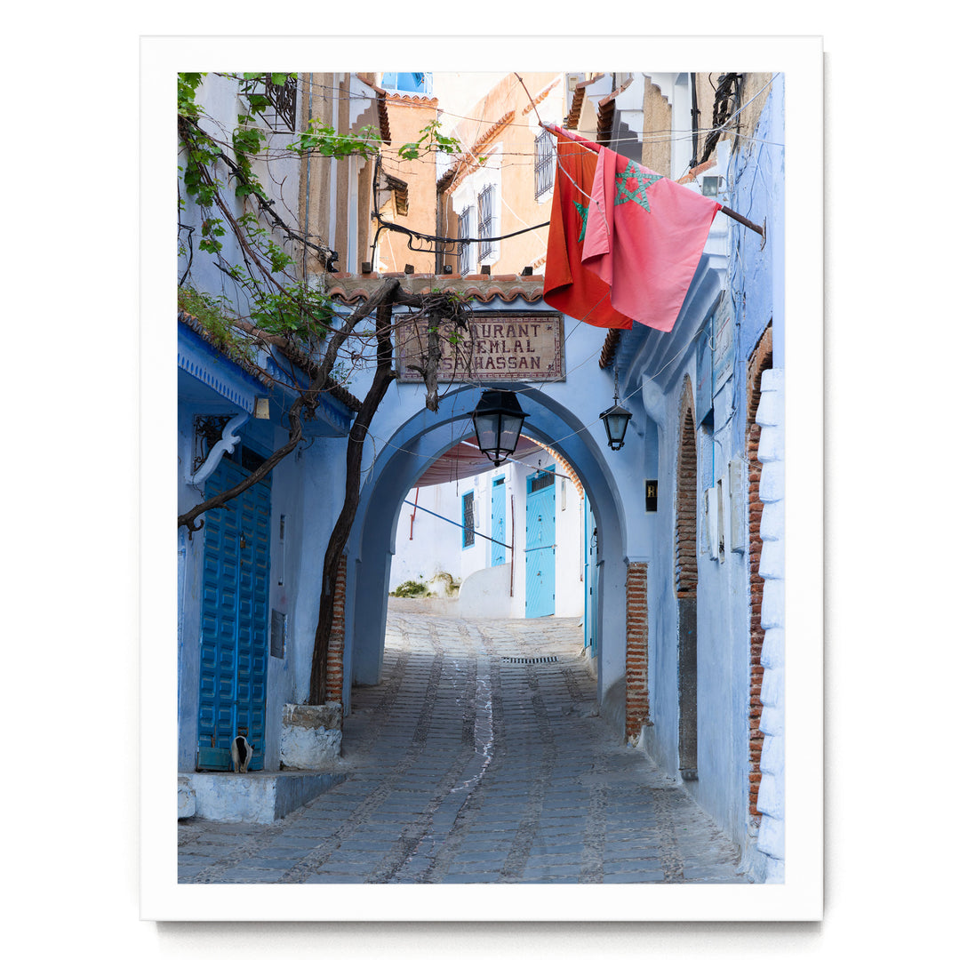 Moroccan Flag in the Blue City, Chefchaouen print in a white frame without mat