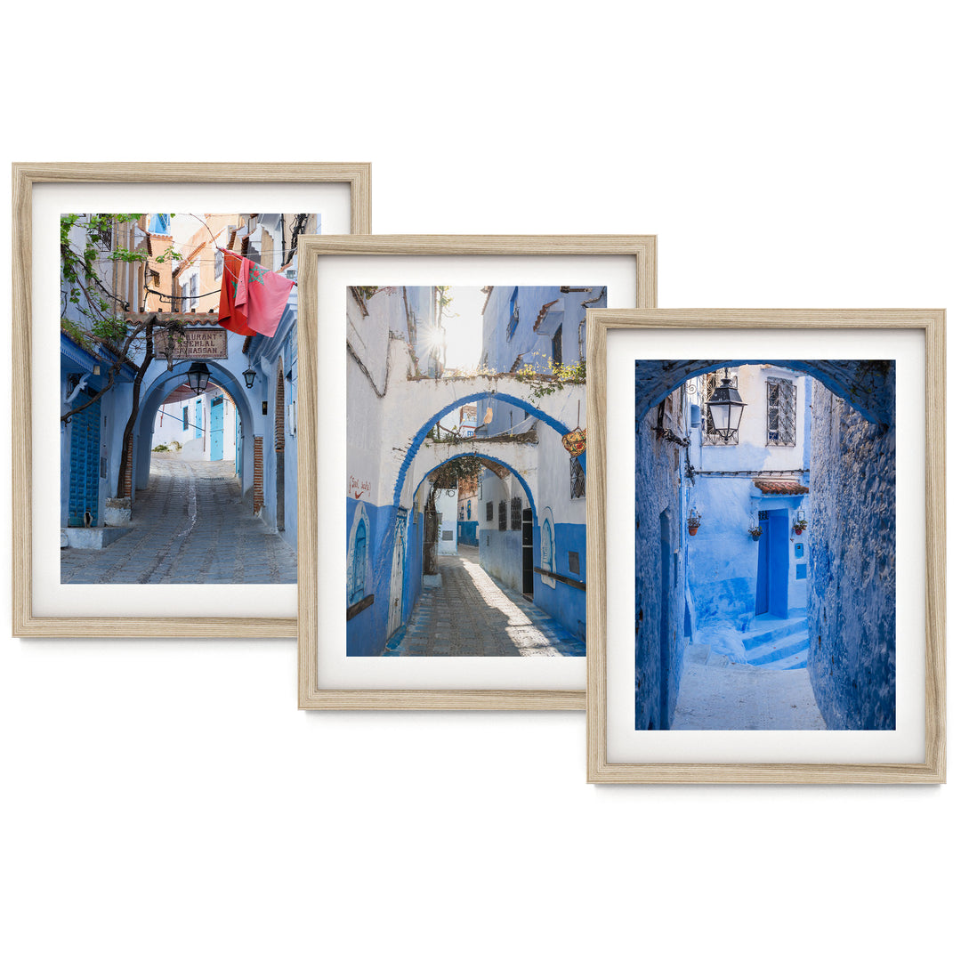 Blue City of Chefchaouen, Morocco print set of 3 in a natural wood frame with white mat