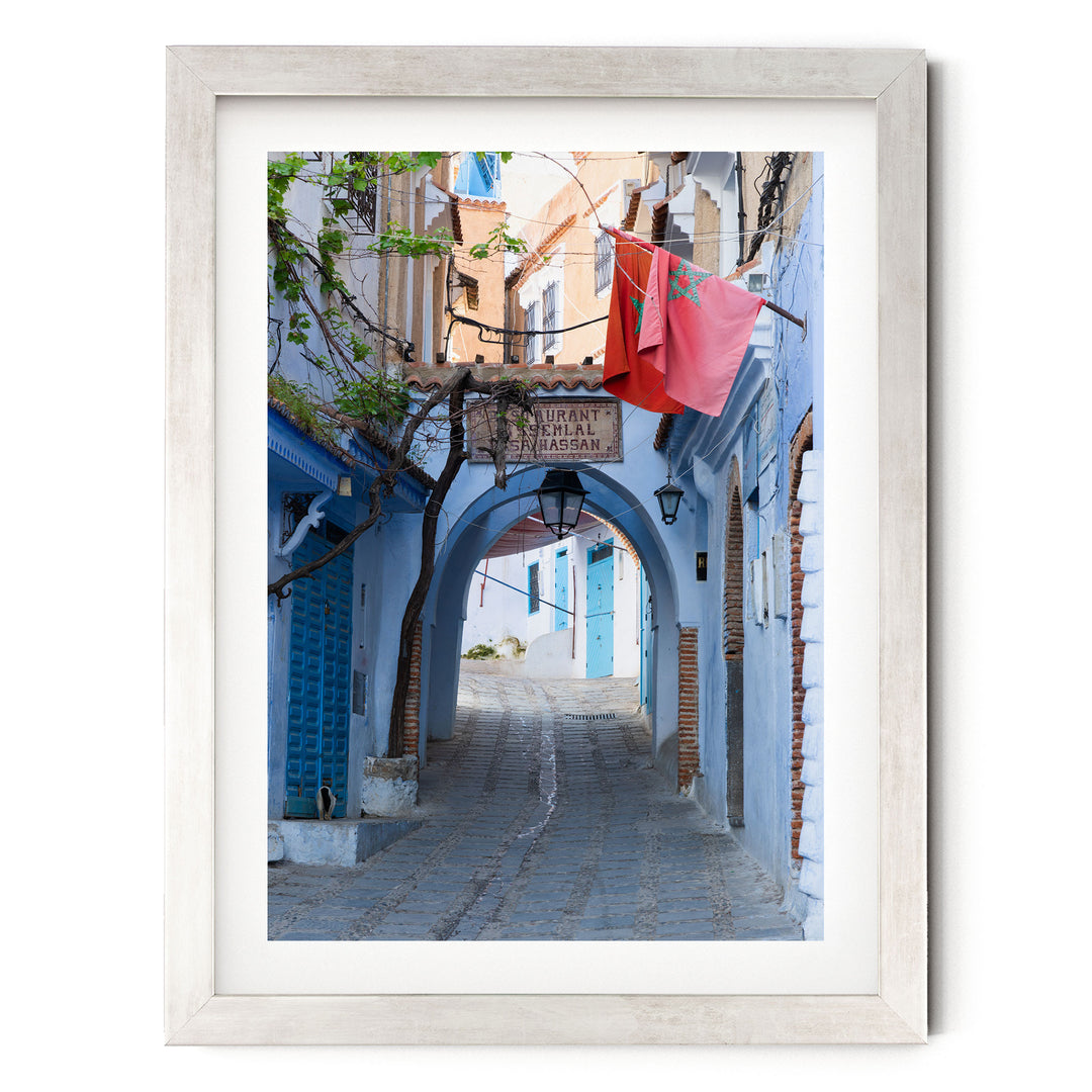 Moroccan Flag in the Blue City, Chefchaouen print in a silver frame with white mat