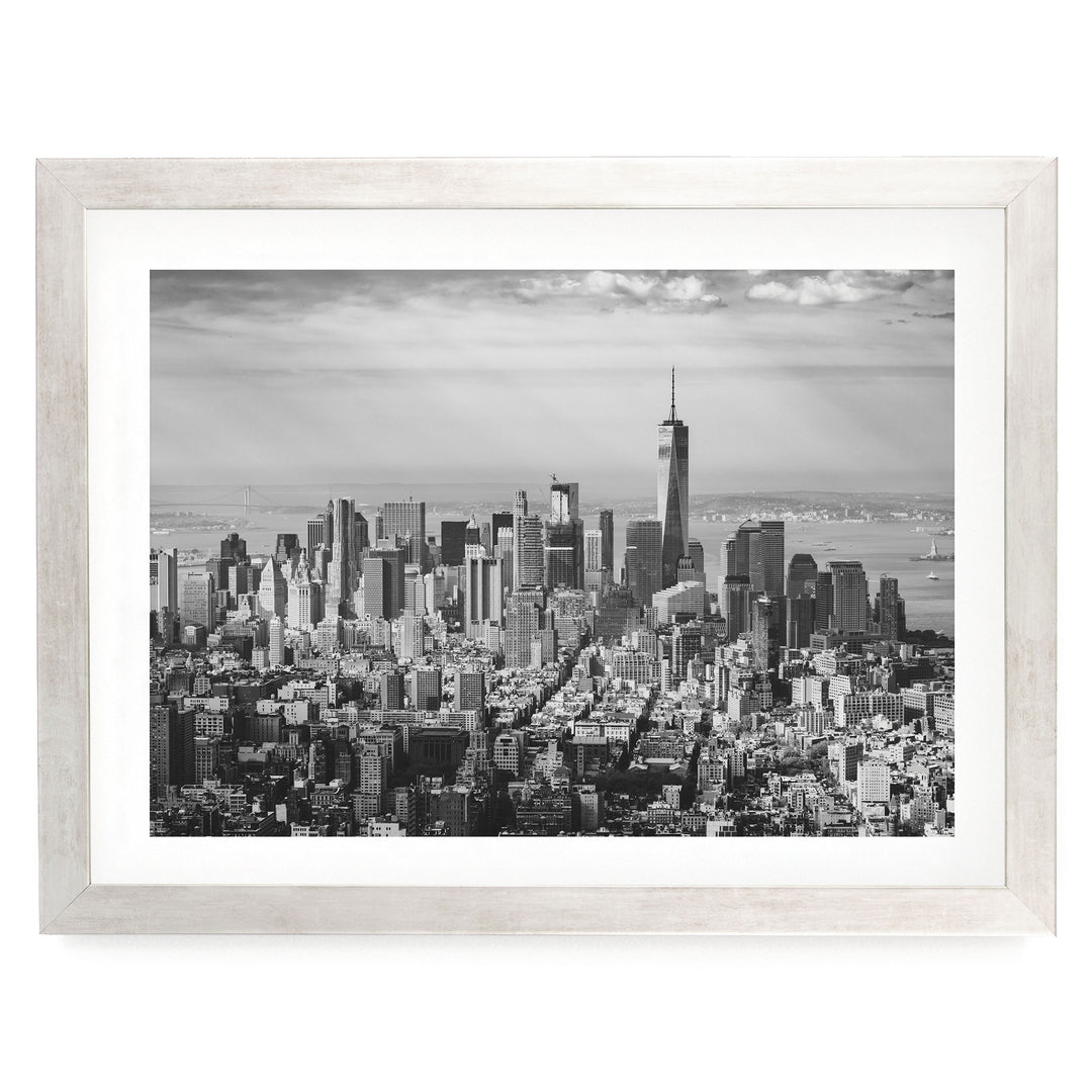 Manhattan Skyline from Above, New York City – B&amp;W print in a silver frame with white mat