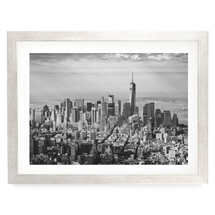 Manhattan Skyline from Above, New York City – B&amp;W print in a silver frame with white mat
