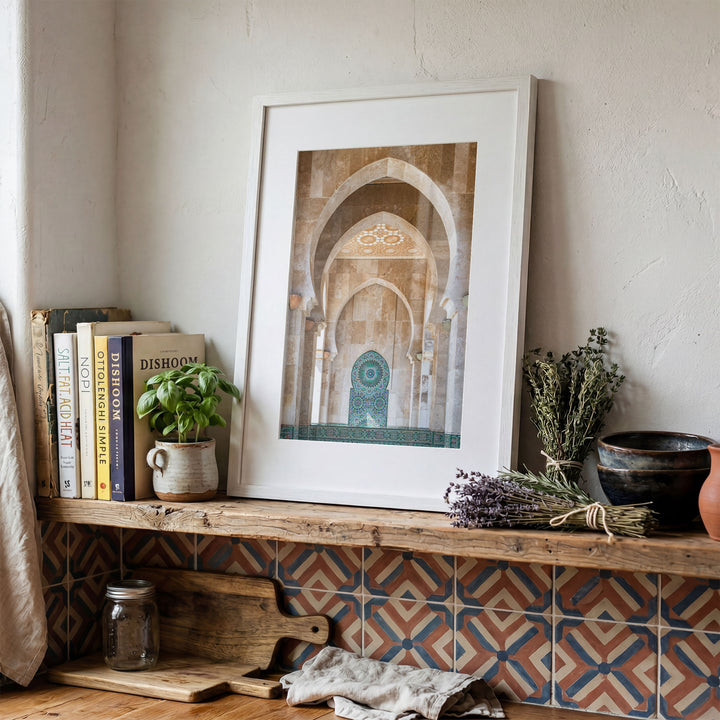 Mosaic Archway, Hassan II Mosque, Casablanca framed print in a decorated room