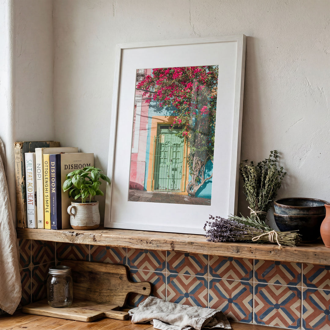 Bougainvillea and Green Door I, Olinda, Brazil framed print in a decorated room