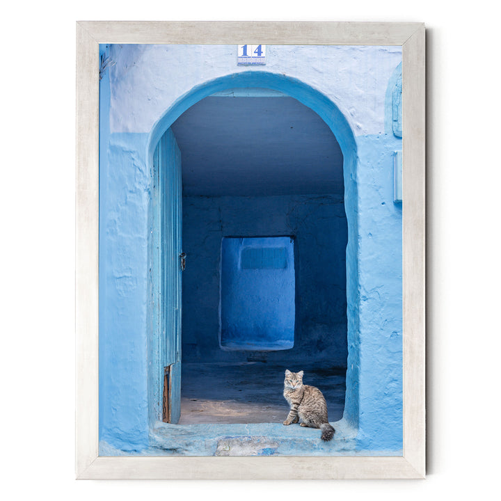 Cat in the Blue Doorway, Chefchaouen, Morocco print in a silver frame without mat