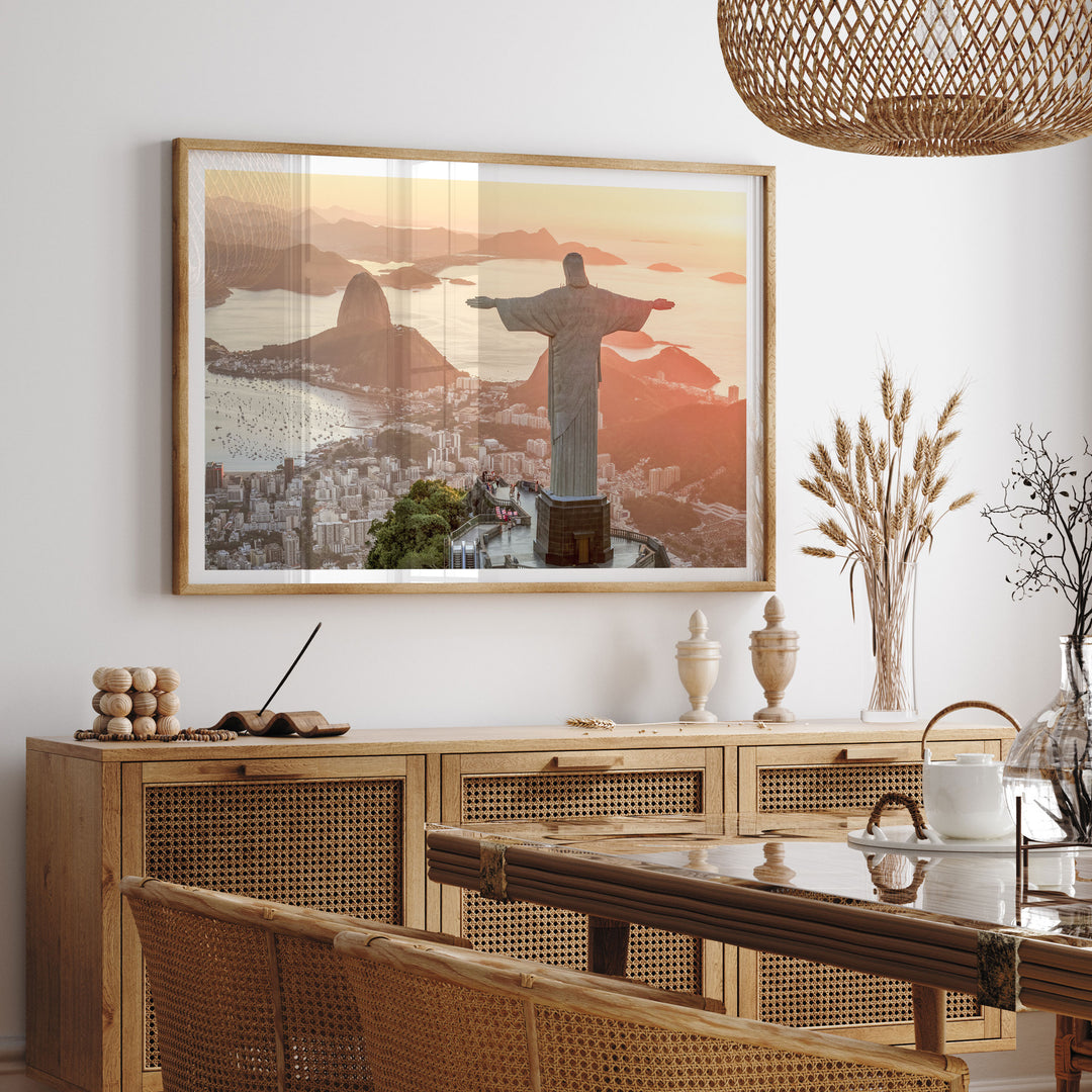 Christ the Redeemer at Golden Hour, Rio de Janeiro, Brazil framed print hanging in a styled interior