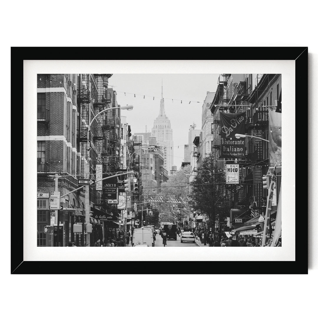 Little Italy and Empire State Building, New York City – B&amp;W print in a black frame with white mat